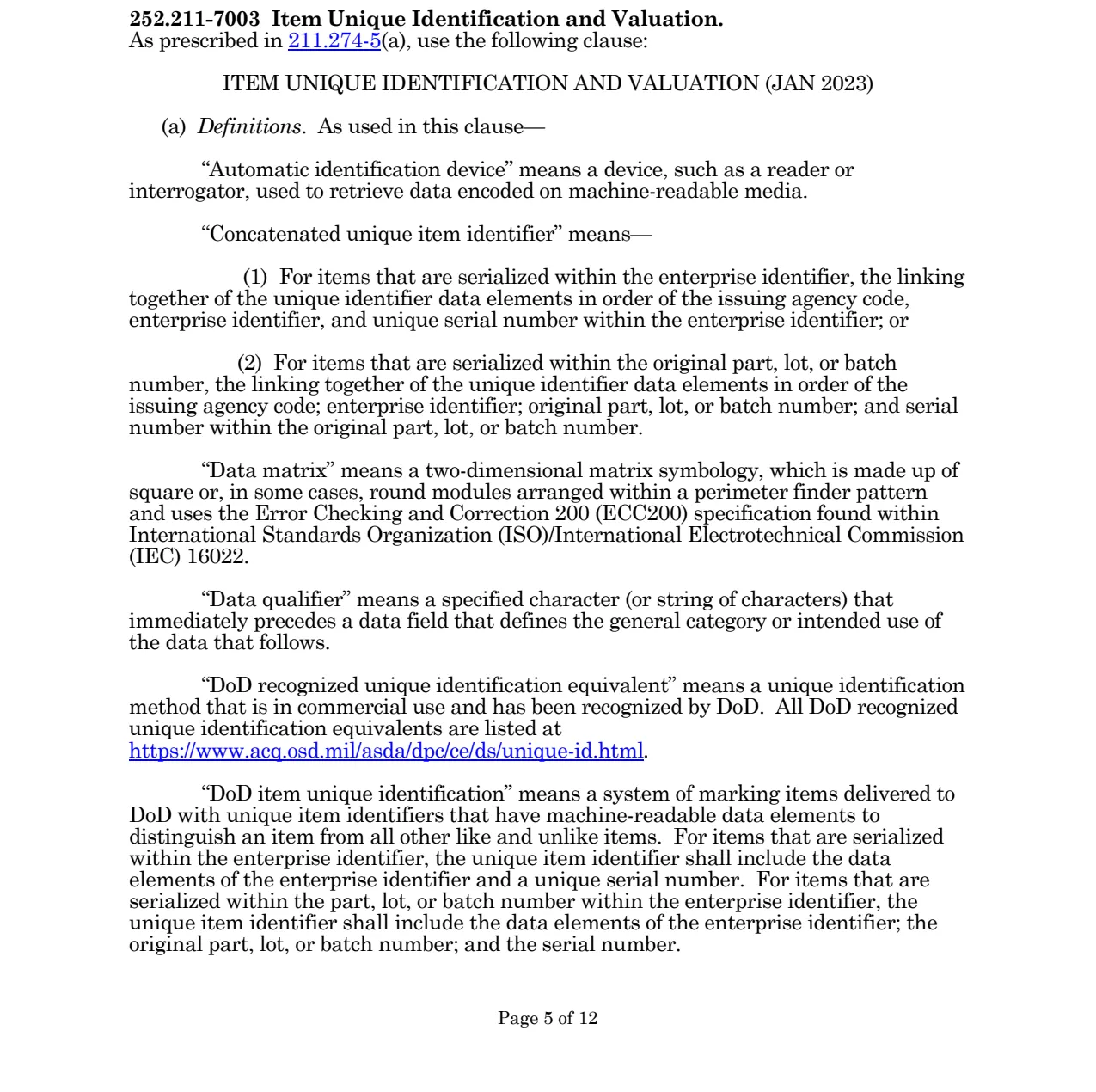 Source page for 252.211-7003